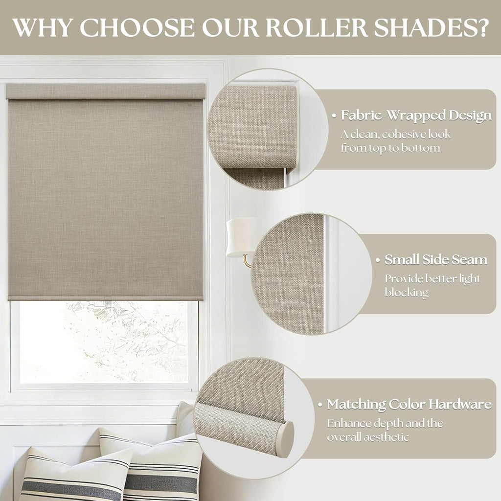 Extra Wide Beige Roller Shades 100% Blackout Blinds for Large Window Bedroom Living Room Dining Free-Stop Cordless Thermal Insulated Black Out Shades with Valance, Room Darkening Blinds Oatmeal,72x72