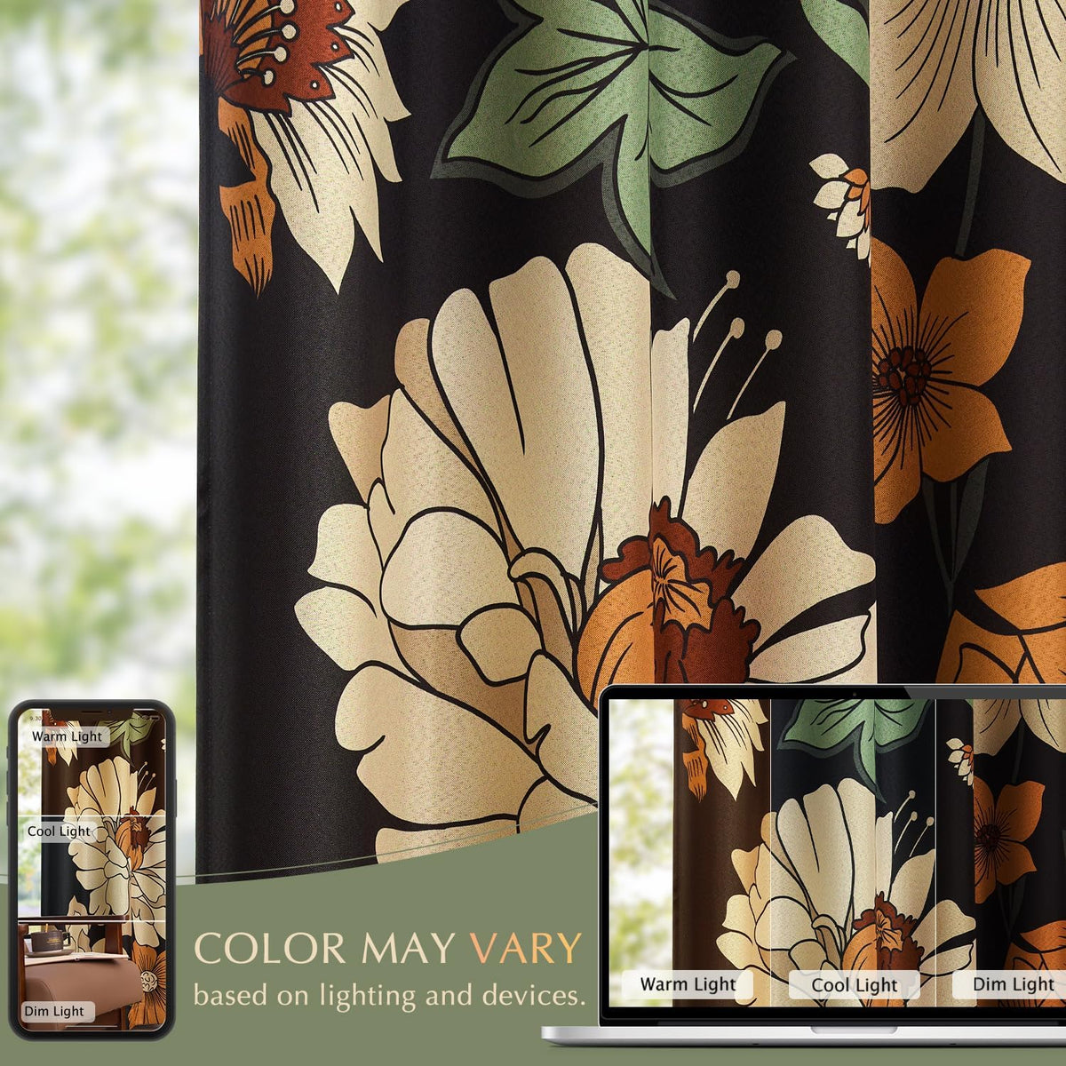 jinchan Black Boho Floral Blackout Curtains W100xL96 Grommet 1 Panel