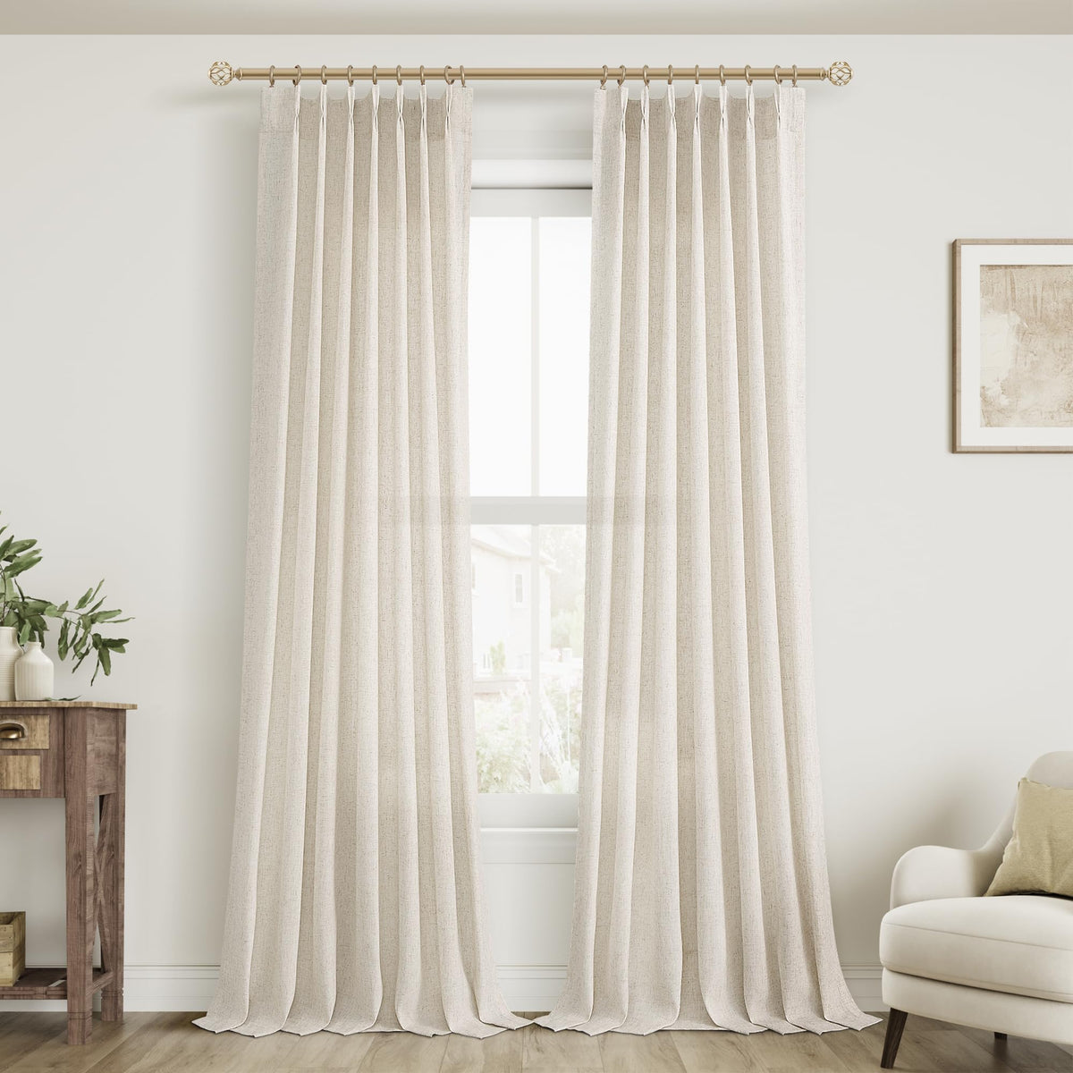 Aersas Linen Pinch Pleated Curtains 84 Inch Length 2 Panels Set for Living Room Cream Semi Sheer Window Curtain for Bedroom Boho Farmhouse Neutral Back Tab Drape Decor with Hooks, Natural Beige Ivory