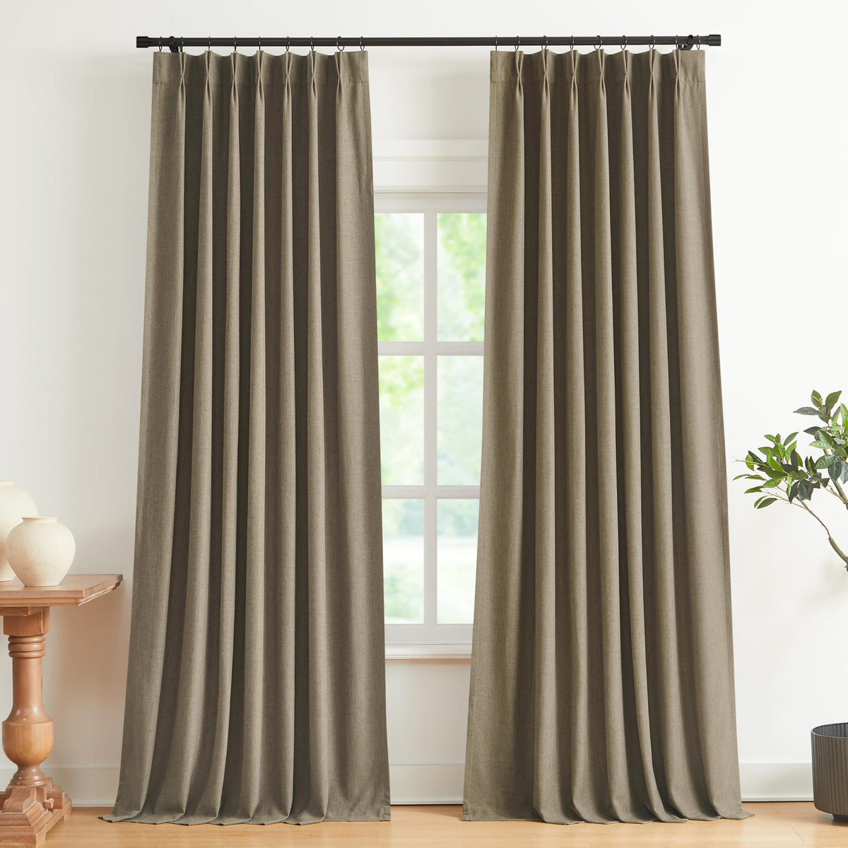 Vision Home Natural Pinch Pleated Full Blackout Curtains Linen Blended Room Darkening Window Curtains 108 inch for Living Room Bedroom Thermal Insulated Pinch Pleat Drapes with Hooks 40" Wx108 Lx2