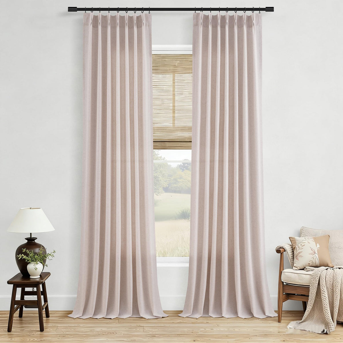 Aersas Linen Pinch Pleated Curtains 84 Inch Length 2 Panels Set for Living Room Cream Semi Sheer Window Curtain for Bedroom Boho Farmhouse Neutral Back Tab Drape Decor with Hooks, Natural Beige Ivory