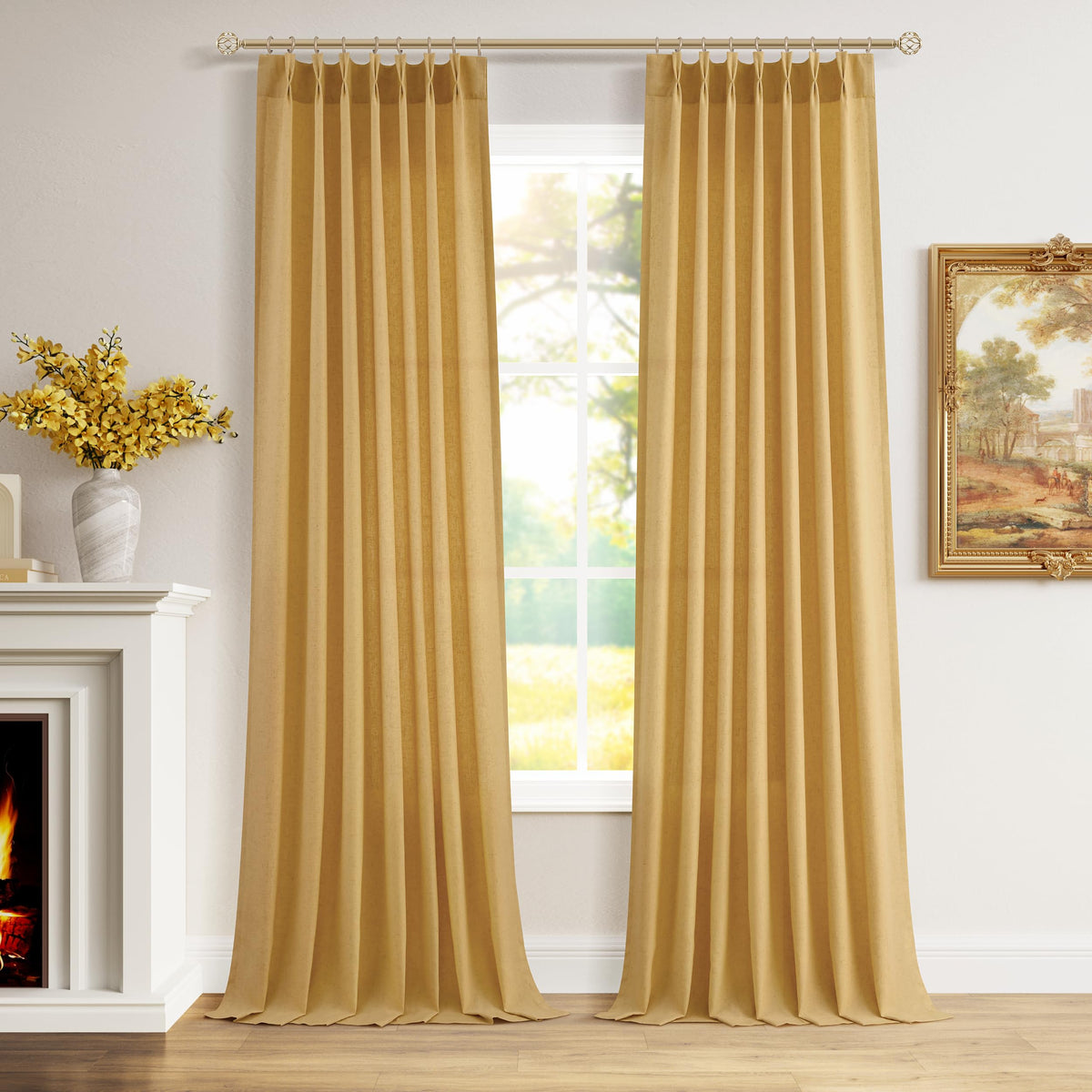 Aersas Linen Pinch Pleated Curtains 84 Inch Length 2 Panels Set for Living Room Cream Semi Sheer Window Curtain for Bedroom Boho Farmhouse Neutral Back Tab Drape Decor with Hooks, Natural Beige Ivory