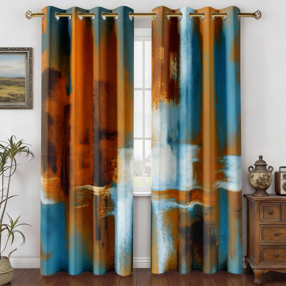 Burnt Orange Abstract Curtains for Living Room Bedroom, 52W x 84L, 2 Panels