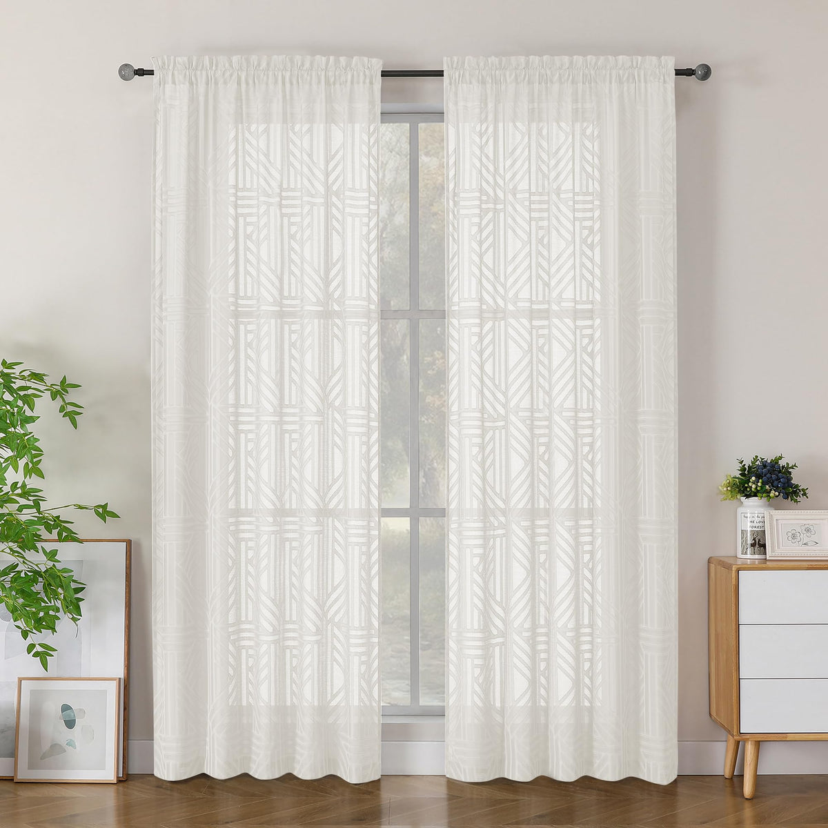 Simplebrand Dusty Blue Semi Sheer Curtains 45 Inch Length 2 Panels, Geometric Jacquard Clip Textured Short Sheer Curtains for Bedroom，Modern Elegant Window Curtains Drapes/Treatment Sheer，42x45 inch