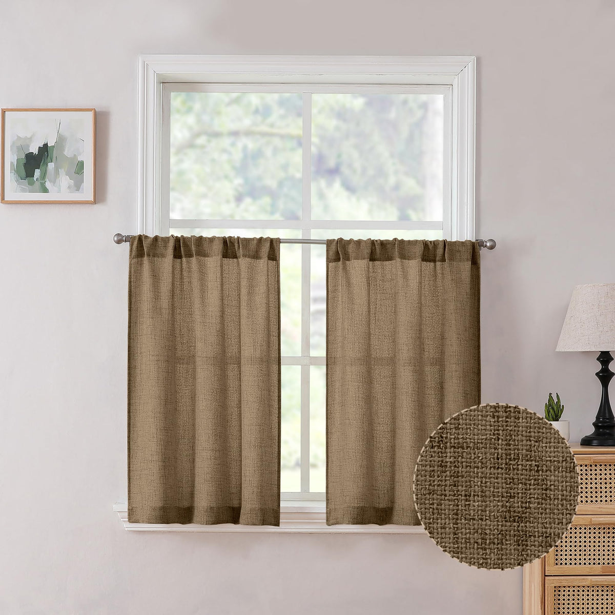 Tollpiz Linen Tier Curtains Rod Pocket Semi Sheer Short Kitchen Curtain Half Burlap Light Filtering Thick Linen Drape for Bathroom, 30 x 30 inches Long, Natural, Set of 2 Panels