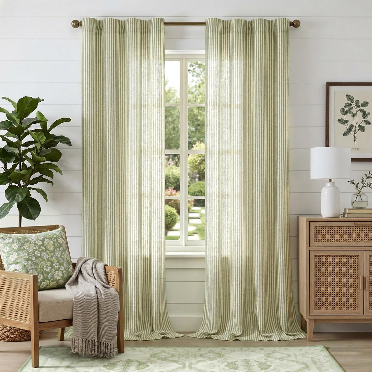 jinchan Linen Curtains 84 Inch Taupe Stripe on Linen Grommet 2 Panels