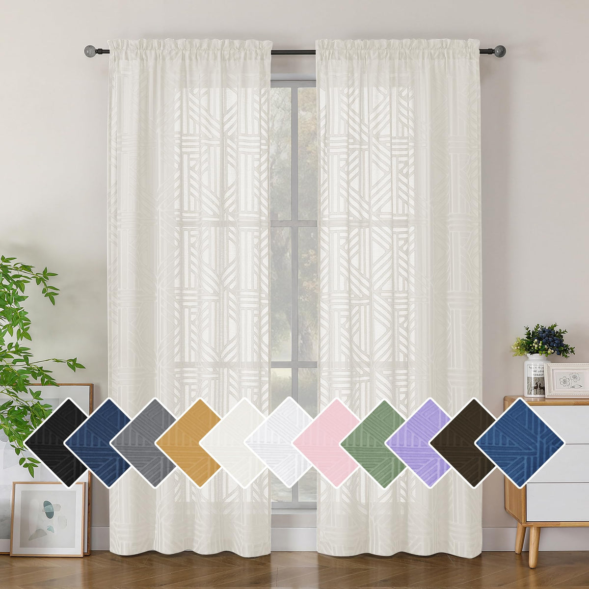 Simplebrand Dusty Blue Semi Sheer Curtains 45 Inch Length 2 Panels, Geometric Jacquard Clip Textured Short Sheer Curtains for Bedroom，Modern Elegant Window Curtains Drapes/Treatment Sheer，42x45 inch