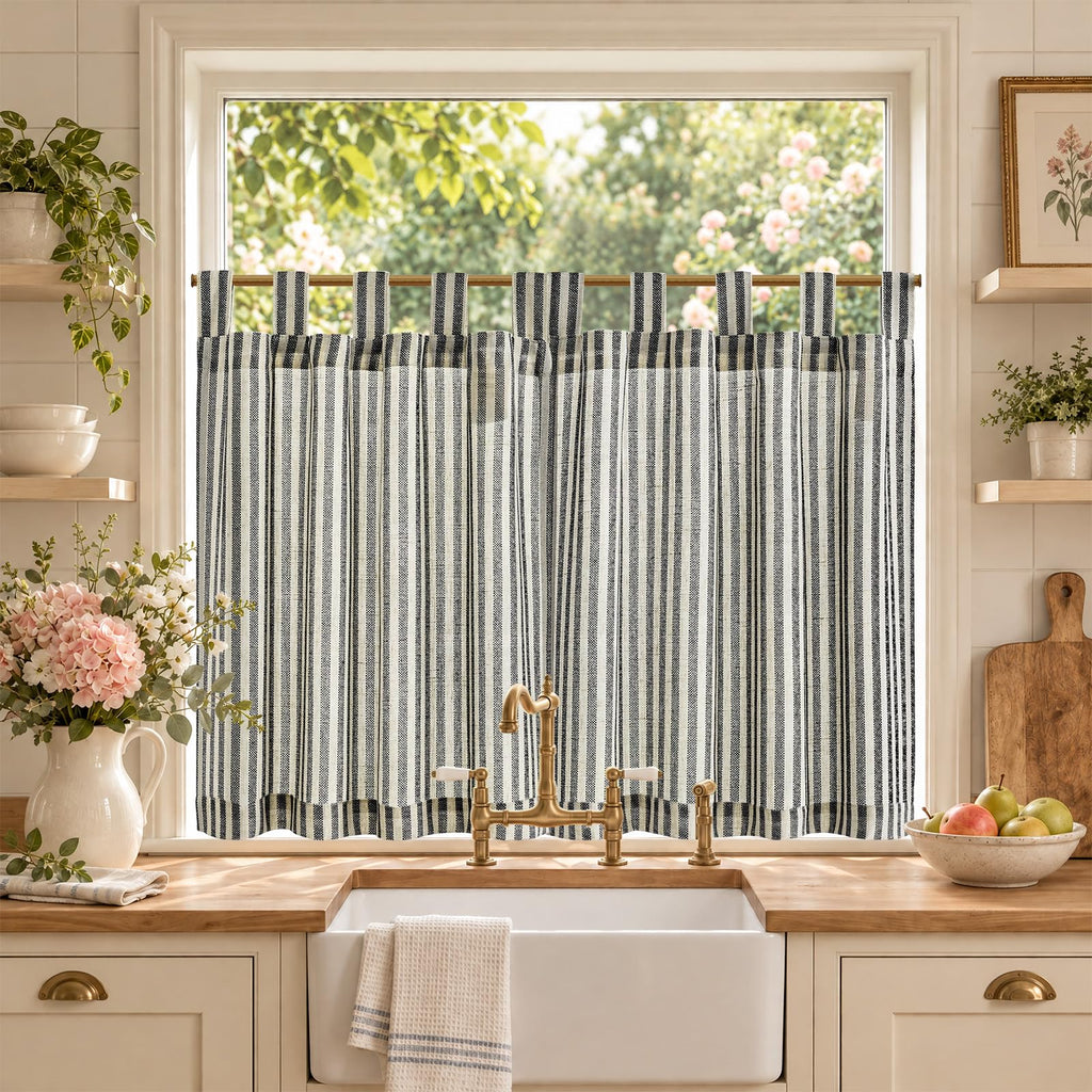 jinchan Striped Linen Kitchen Curtains 36 Inches Length Tier Curtains Farmhouse Modern Cafe Style Small Window Treatments Airy Light Filtering Rod Pocket for Living Room Bathroom 2 Panels Sage Green