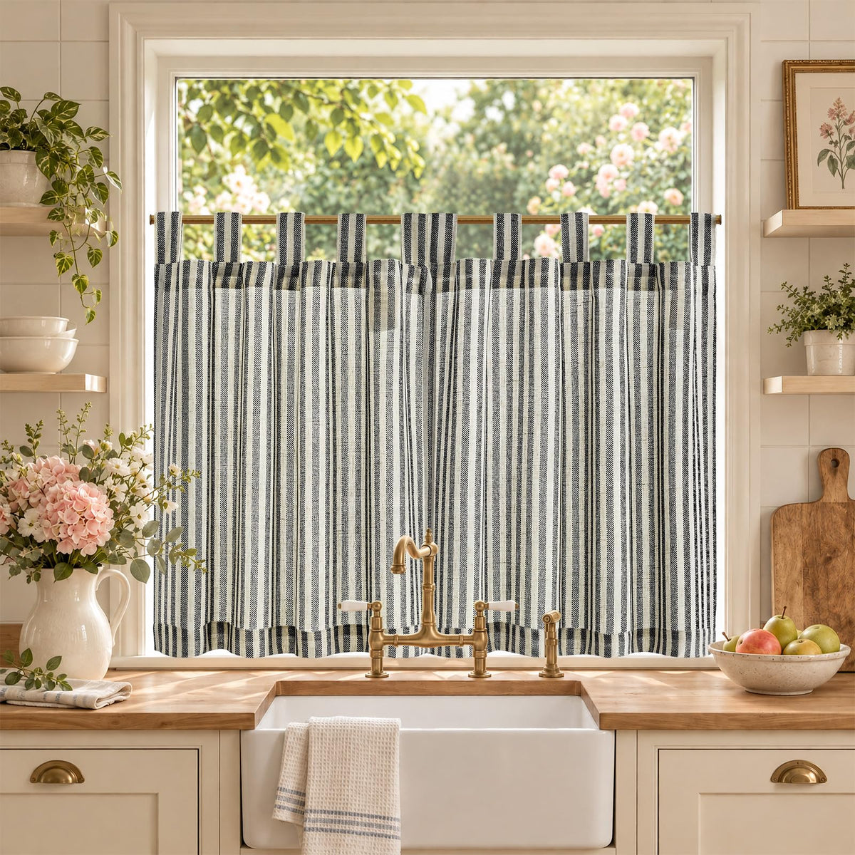 jinchan Striped Linen Kitchen Curtains 36 Inches Length Tier Curtains Farmhouse Modern Cafe Style Small Window Treatments Airy Light Filtering Rod Pocket for Living Room Bathroom 2 Panels Sage Green