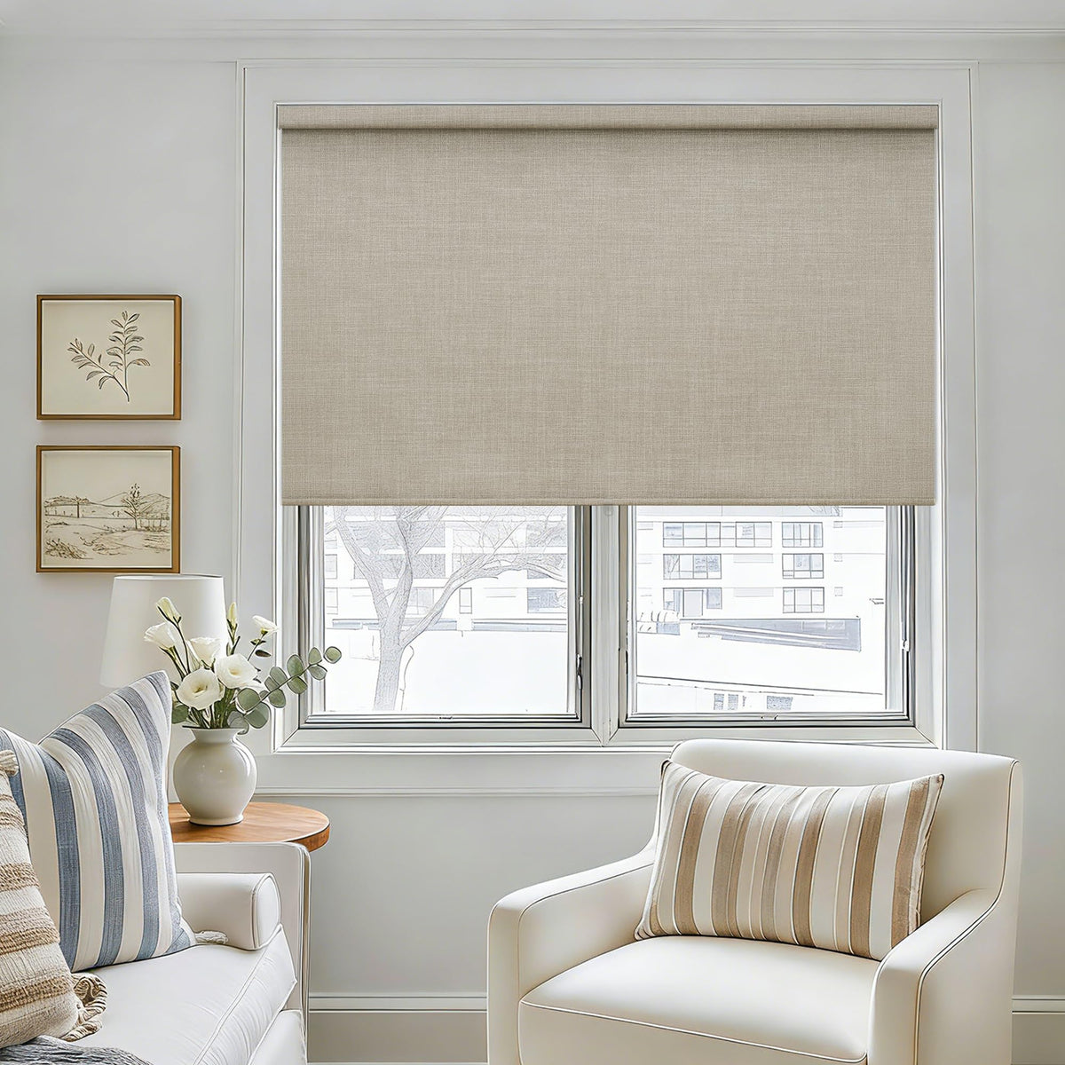 Blackout Roller Shades for Bedroom Window Cordless Free-Stop Blinds with Valance UV Protection 100% Black Out Linen Shades Blinds for Indoor Bathroom Windows Living Room Beige Oatmeal 34" W x 72" H