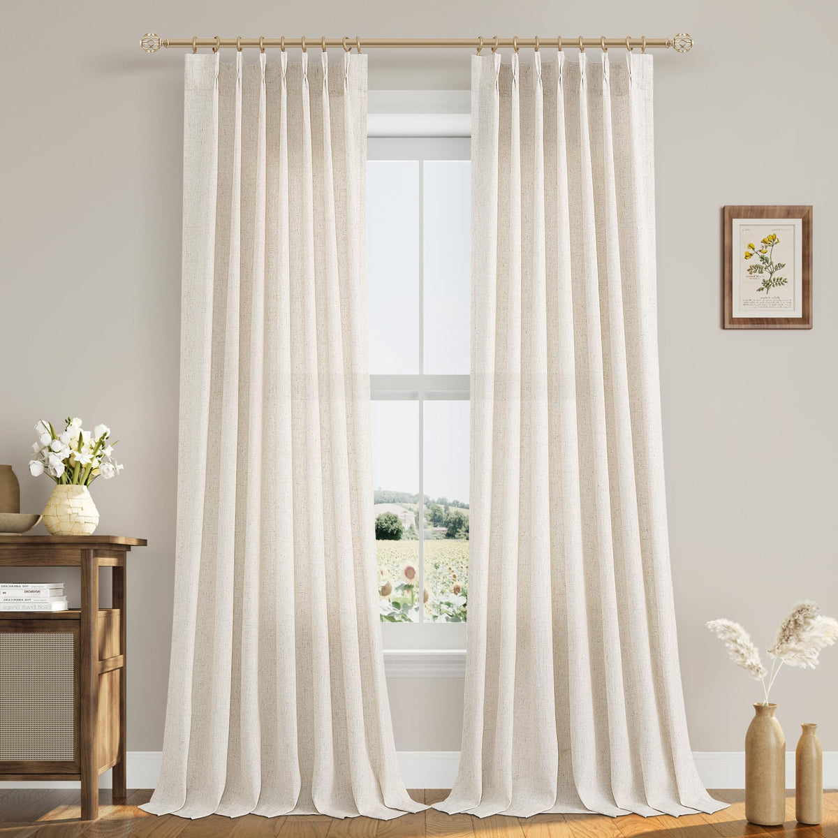 Aersas Linen Pinch Pleated Curtains 84 Inch Length 2 Panels Set for Living Room Cream Semi Sheer Window Curtain for Bedroom Boho Farmhouse Neutral Back Tab Drape Decor with Hooks, Natural Beige Ivory