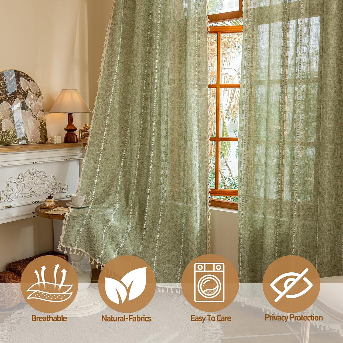 Boho Sheer Sage Green Curtains 84 inches Long 2 Panels for Living Room Bedroom,Farmhouse, Bohemian Tassels Country Light Filtering Xmas Curtains Shabby Chic Embroidery Striped Draps Back Tab, 50" W