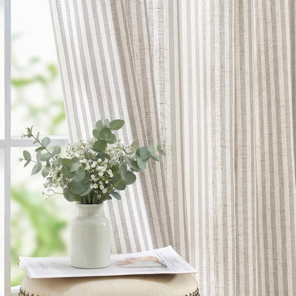 jinchan Linen Curtains 84 Inch Taupe Stripe on Linen Grommet 2 Panels
