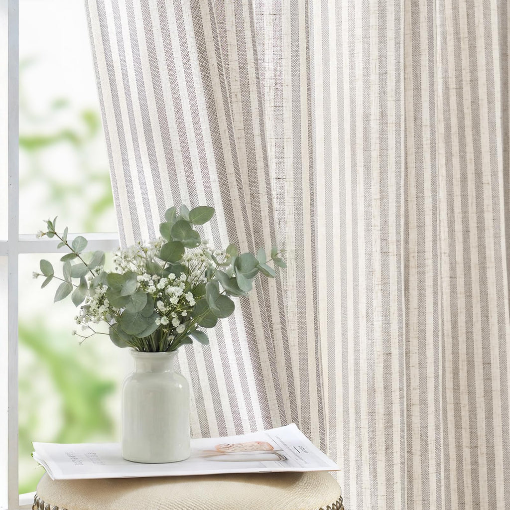 jinchan Linen Curtains 84 Inch Taupe Stripe on Linen Grommet 2 Panels