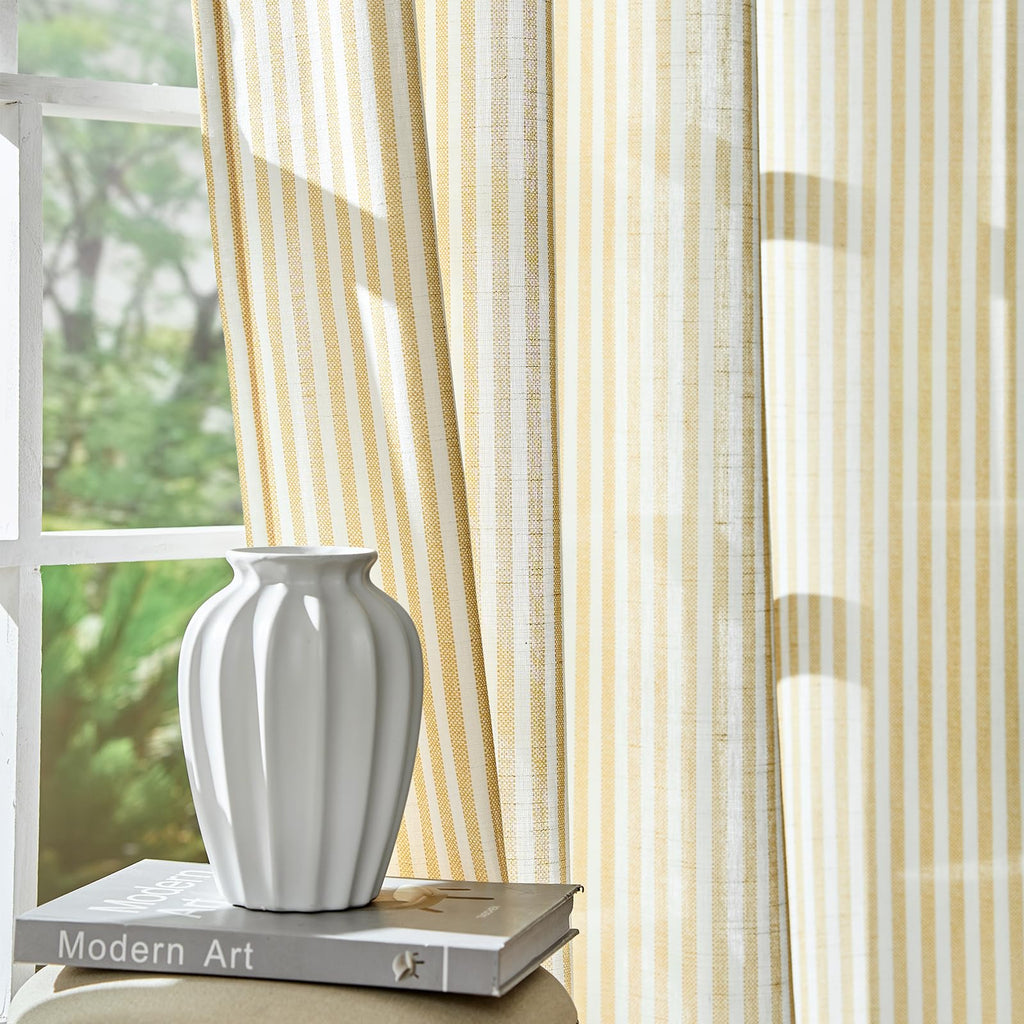 jinchan Linen Curtains 84 Inch Taupe Stripe on Linen Grommet 2 Panels