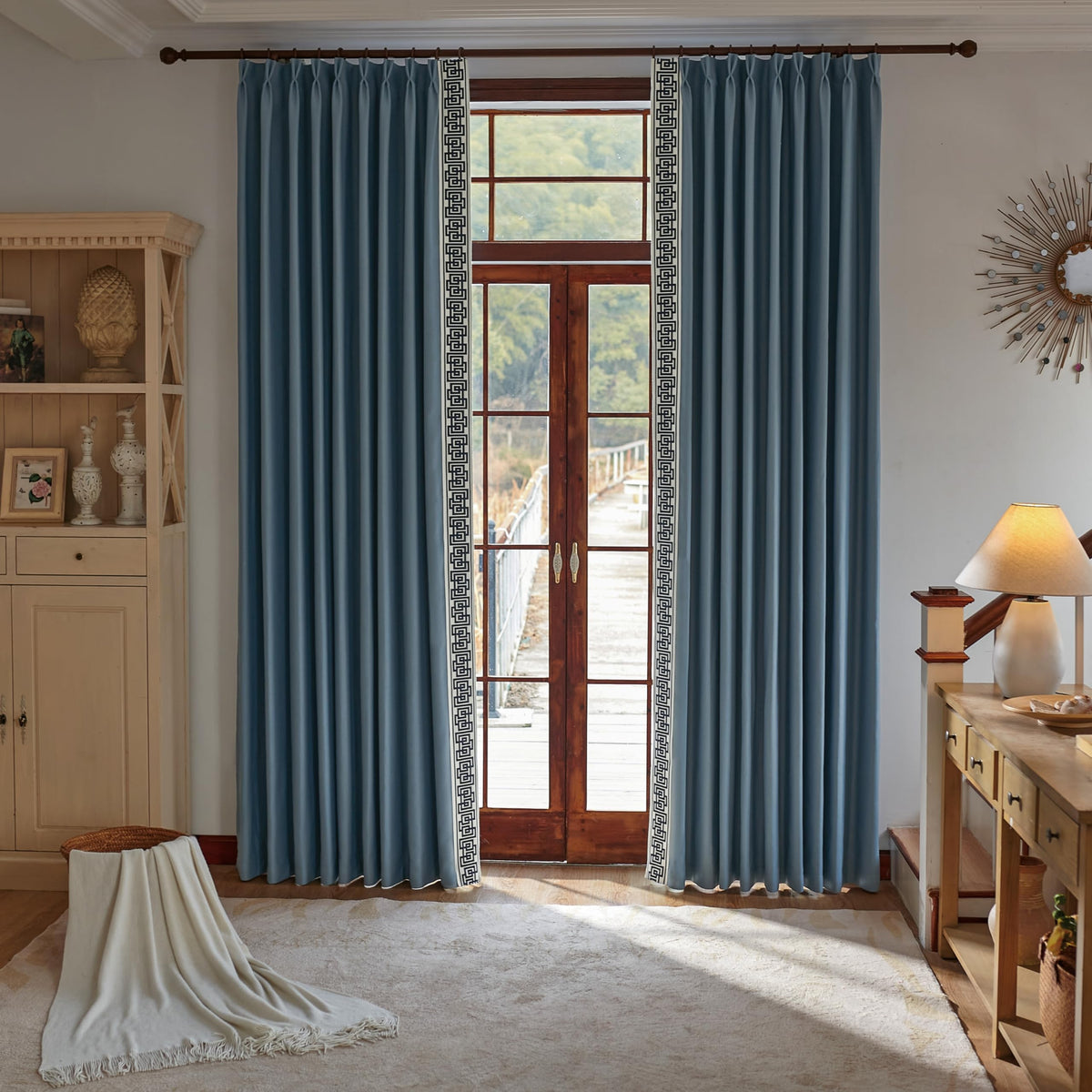 VisionaryHomeDesign Blue Pinch Pleat Cotton Linen Blend Curtains, Drapes with Greek Key Trim, Room Darkening Curtains for Rooms Doors Windows (50‘’W x 84‘’L)