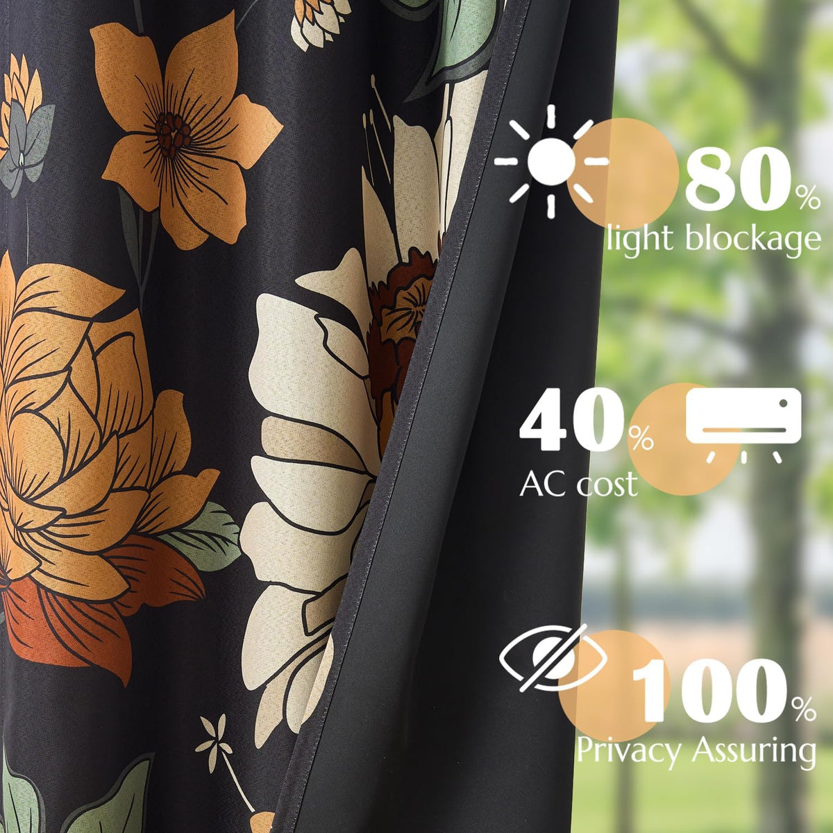 jinchan Black Boho Floral Blackout Curtains W100xL96 Grommet 1 Panel