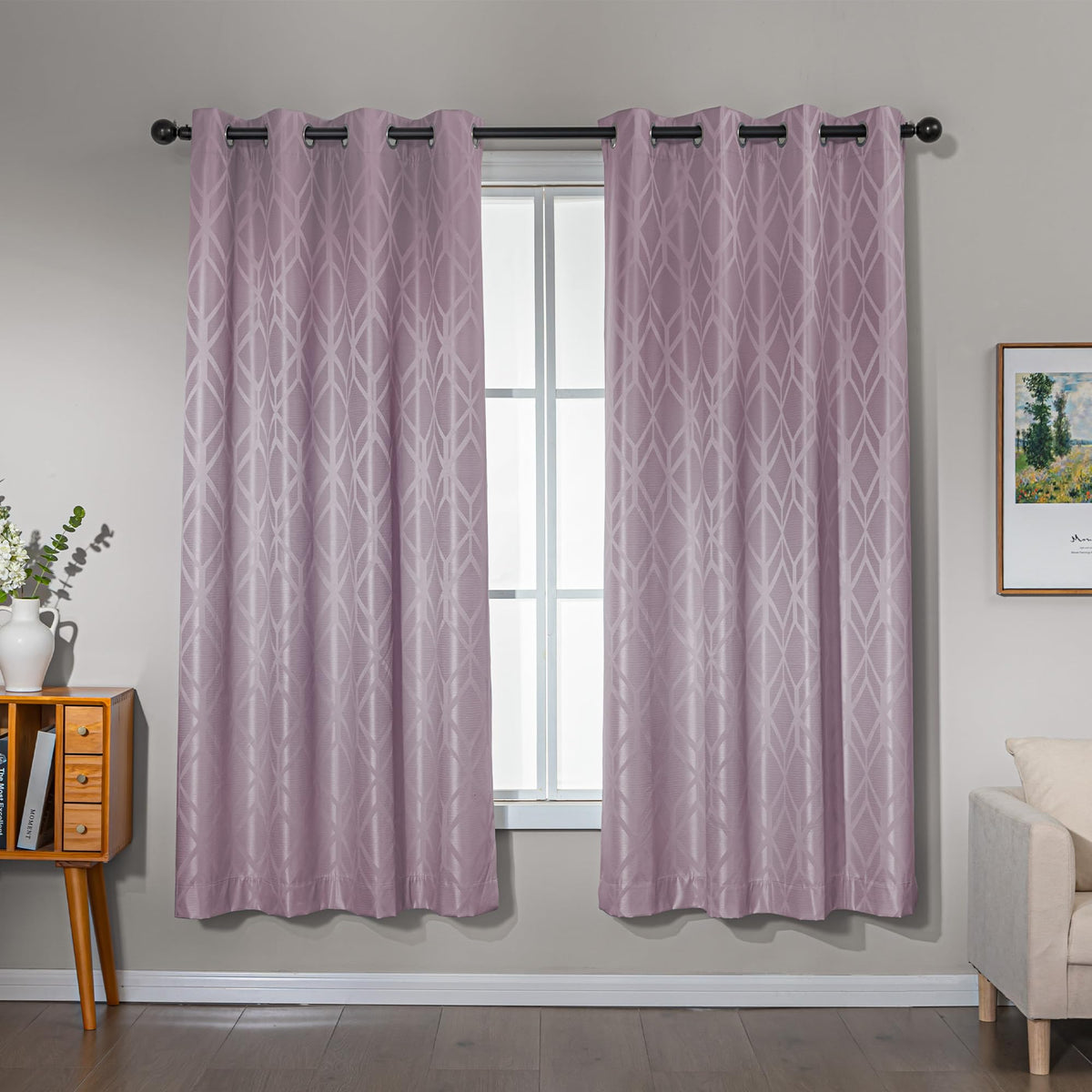 Amazon Basics Jacquard 2-Piece 100% Blackout Curtains, Living Room and Bedroom Drapes, Thermal Insulated Window Treatment, 52"x84", Beige
