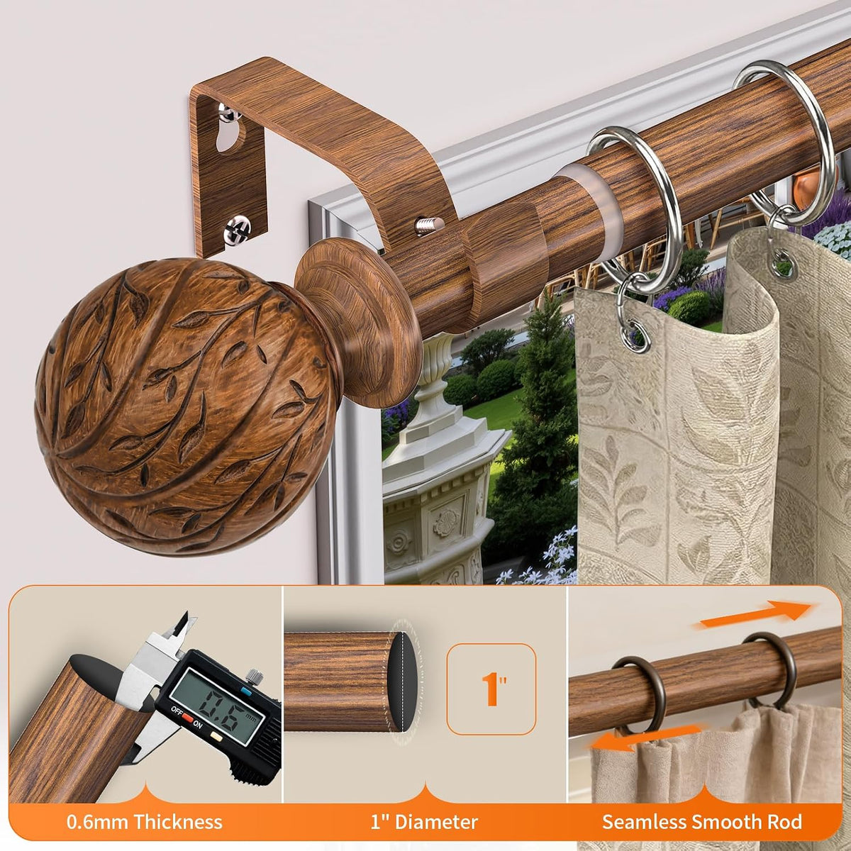 Wood Curtain Rods for Windows 18-45" Adjustable Window Treatment Rods