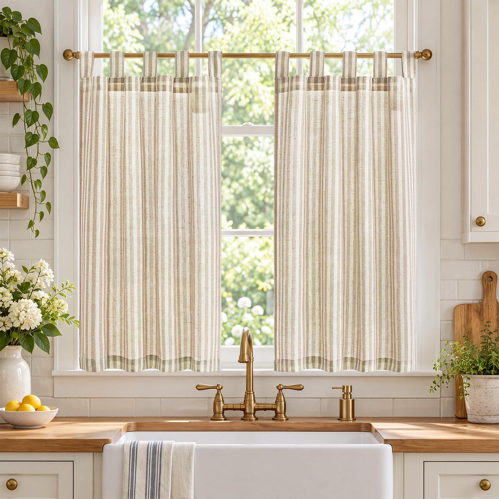 jinchan Striped Linen Kitchen Curtains 36 Inches Length Tier Curtains Farmhouse Modern Cafe Style Small Window Treatments Airy Light Filtering Rod Pocket for Living Room Bathroom 2 Panels Sage Green