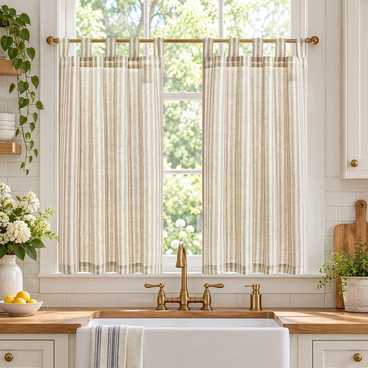jinchan Striped Linen Kitchen Curtains 36 Inches Length Tier Curtains Farmhouse Modern Cafe Style Small Window Treatments Airy Light Filtering Rod Pocket for Living Room Bathroom 2 Panels Sage Green