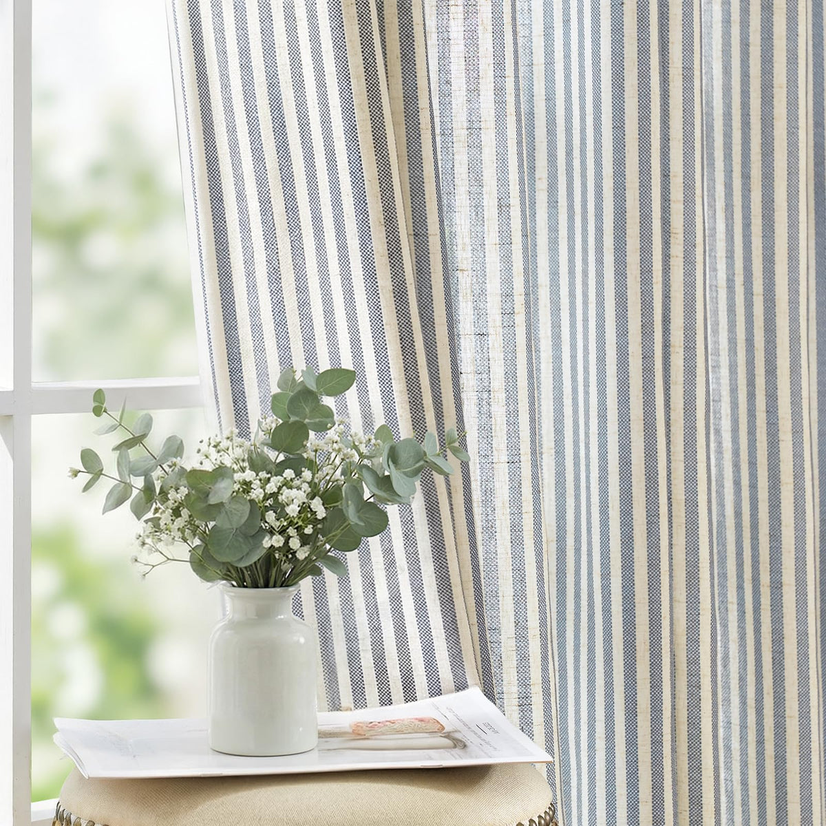 jinchan Linen Curtains 84 Inch Taupe Stripe on Linen Grommet 2 Panels