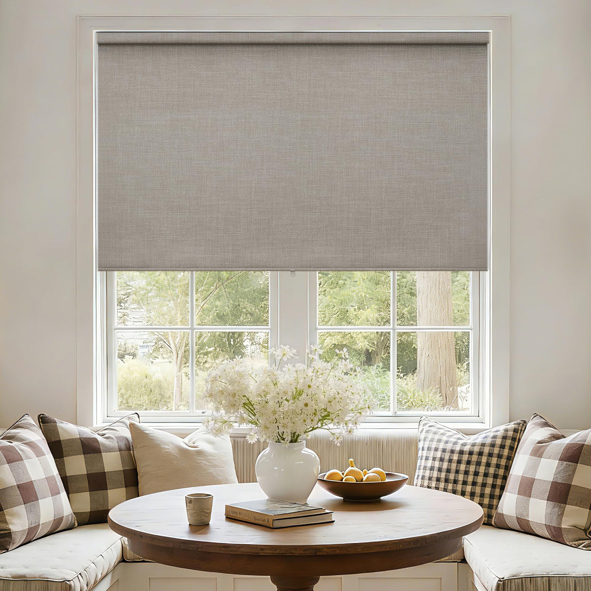Blackout Roller Shades for Bedroom Window Cordless Free-Stop Blinds with Valance UV Protection 100% Black Out Linen Shades Blinds for Indoor Bathroom Windows Living Room Beige Oatmeal 34" W x 72" H