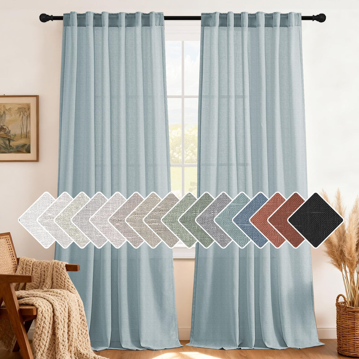 H.VERSAILTEX Natural Linen Grommet Curtains 84 Inch Length for Living Room 2 Panel Drape Semi Sheer Neutral Country Rustic Farmhouse Boho Curtain Bedroom Muslin Look Light Filtering, Heathered Natural