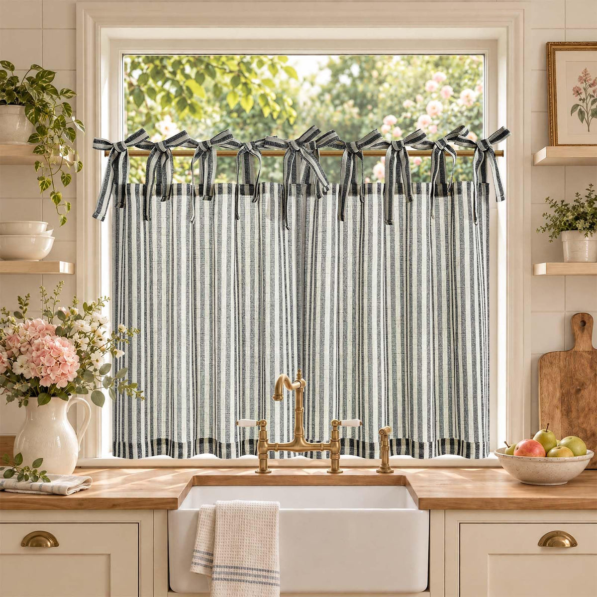 jinchan Striped Linen Kitchen Curtains 36 Inches Length Tier Curtains Farmhouse Modern Cafe Style Small Window Treatments Airy Light Filtering Rod Pocket for Living Room Bathroom 2 Panels Sage Green