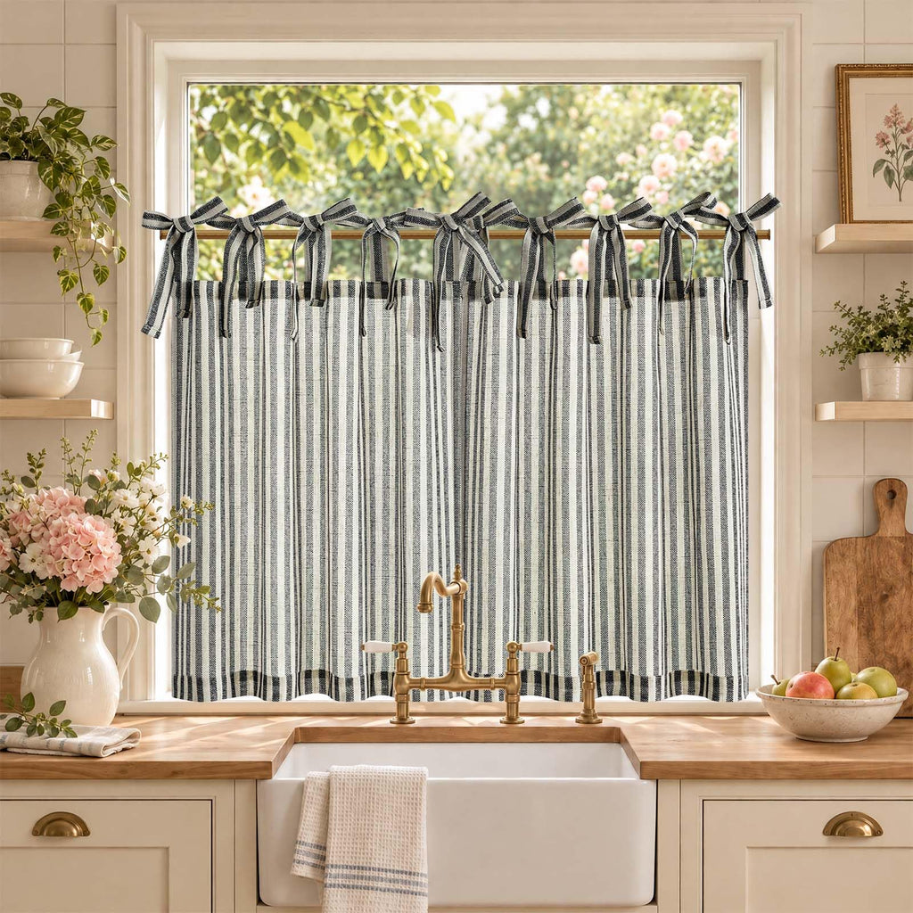 jinchan Striped Linen Kitchen Curtains 36 Inches Length Tier Curtains Farmhouse Modern Cafe Style Small Window Treatments Airy Light Filtering Rod Pocket for Living Room Bathroom 2 Panels Sage Green