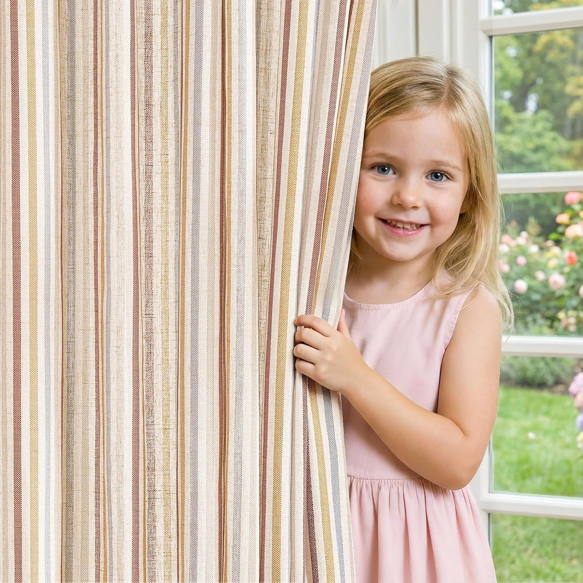 jinchan Linen Curtains 84 Inch Taupe Stripe on Linen Grommet 2 Panels