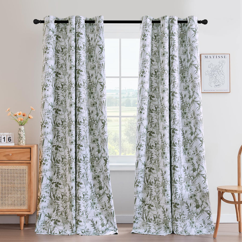 H.VERSAILTEX Blackout Curtains 84 Inch Length 2 Panels Set Floral Print Curtain Drapes for Living Room Thermal Insulated Grommet Window Curtains for Bedroom - Traditional Floral in Sage and Brown