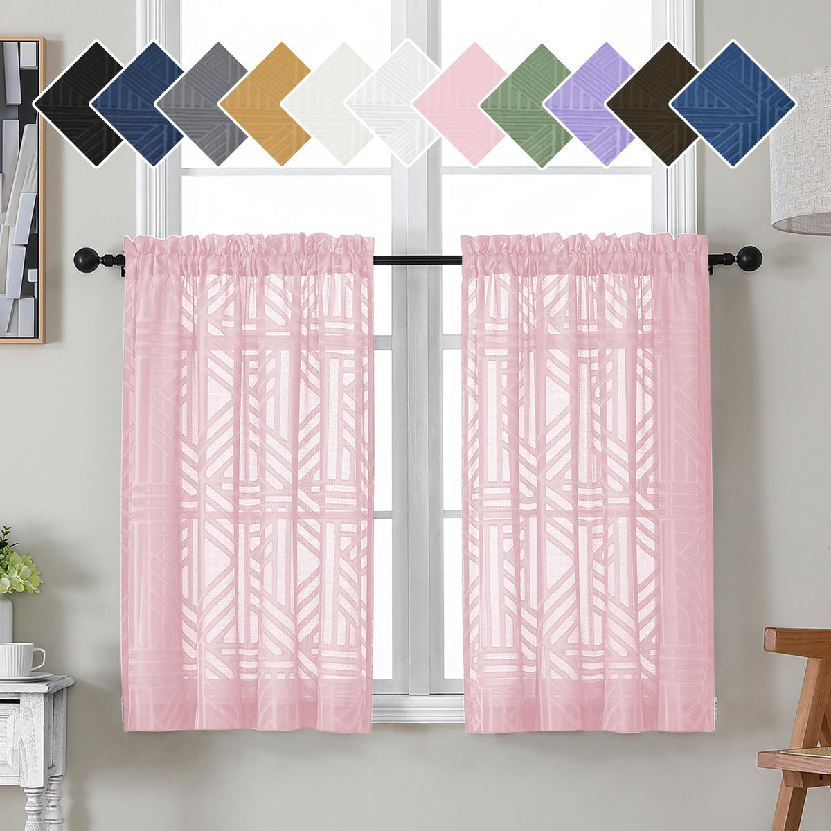 Simplebrand Dusty Blue Semi Sheer Curtains 45 Inch Length 2 Panels, Geometric Jacquard Clip Textured Short Sheer Curtains for Bedroom，Modern Elegant Window Curtains Drapes/Treatment Sheer，42x45 inch
