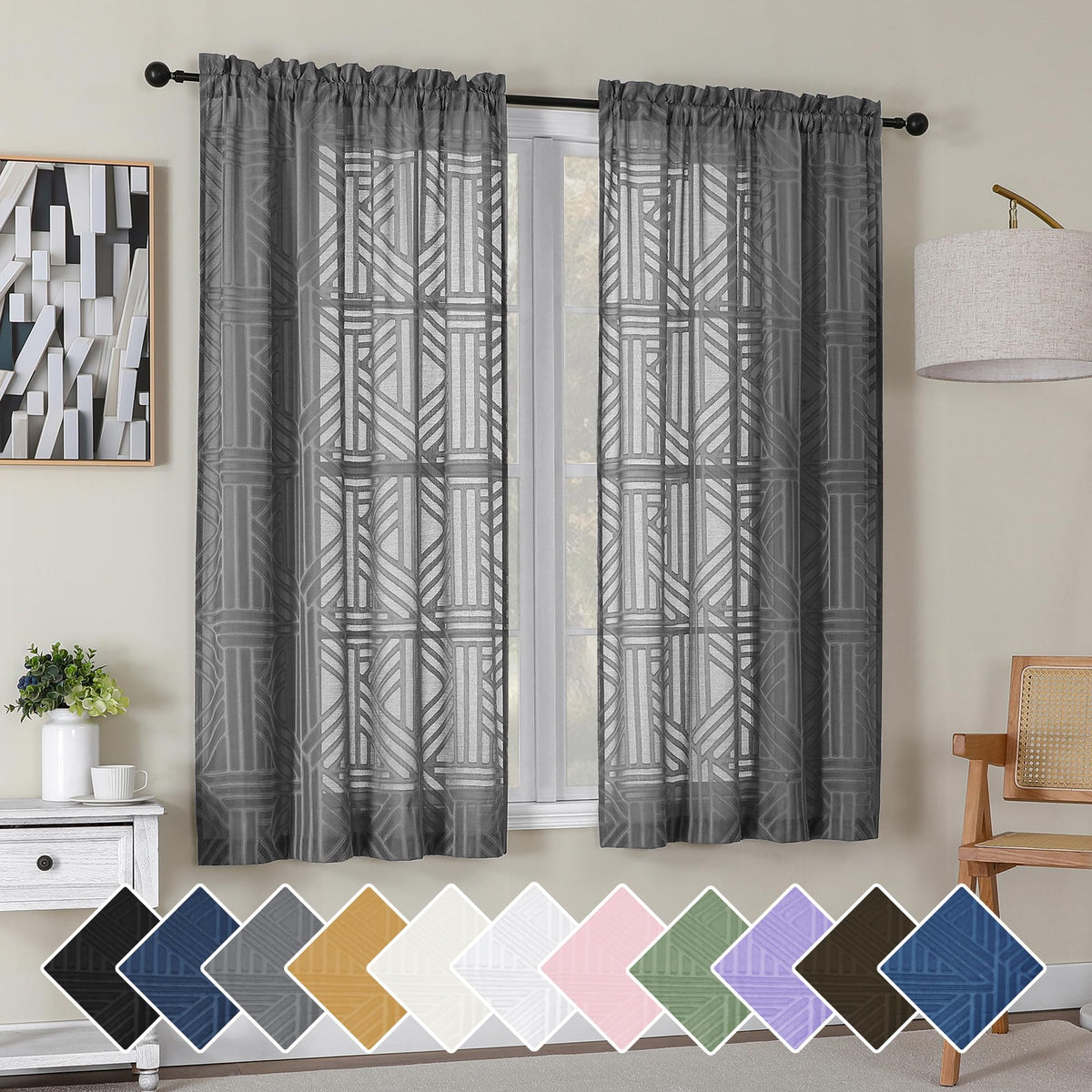 Simplebrand Dusty Blue Semi Sheer Curtains 45 Inch Length 2 Panels, Geometric Jacquard Clip Textured Short Sheer Curtains for Bedroom，Modern Elegant Window Curtains Drapes/Treatment Sheer，42x45 inch