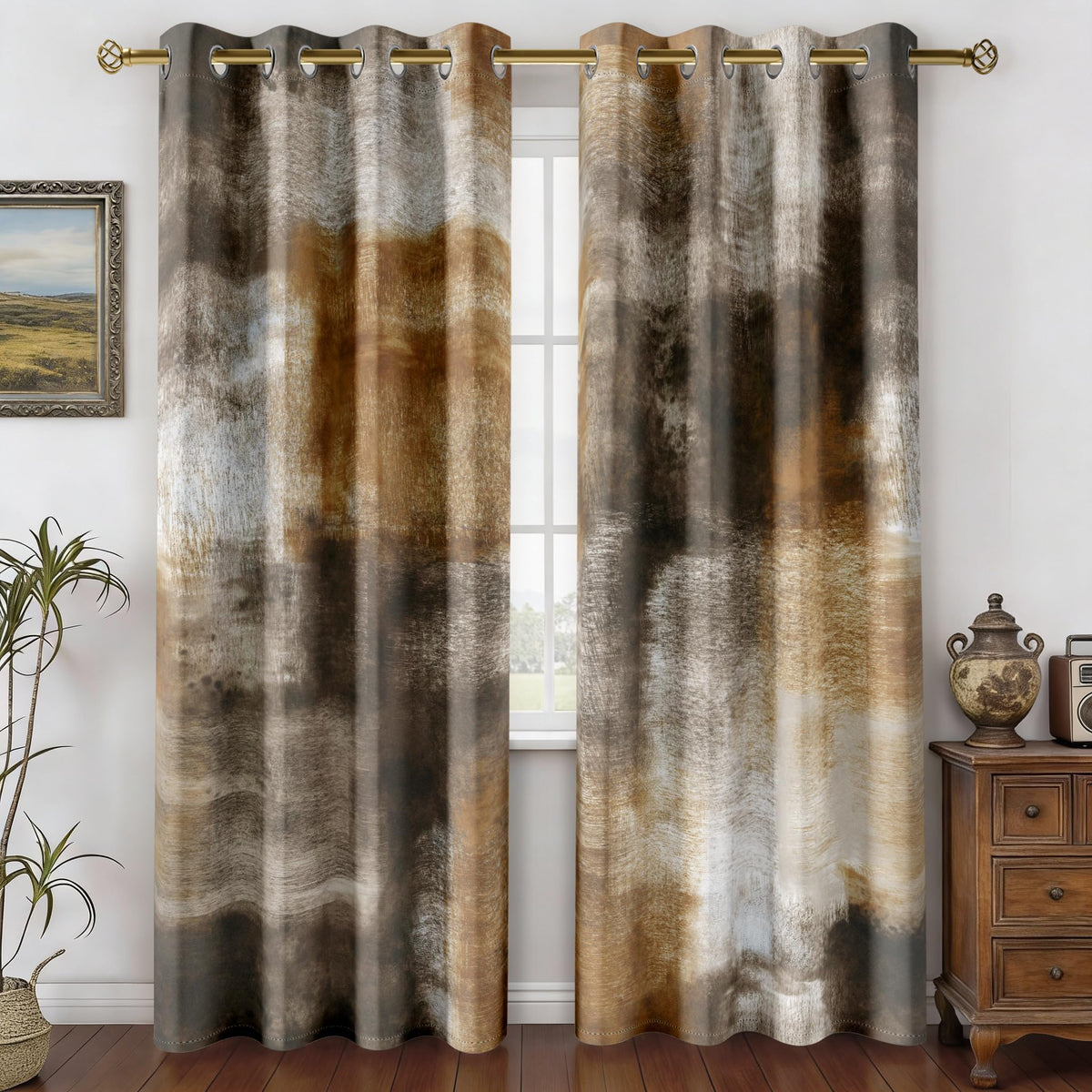 Burnt Orange Abstract Curtains for Living Room Bedroom, 52W x 84L, 2 Panels