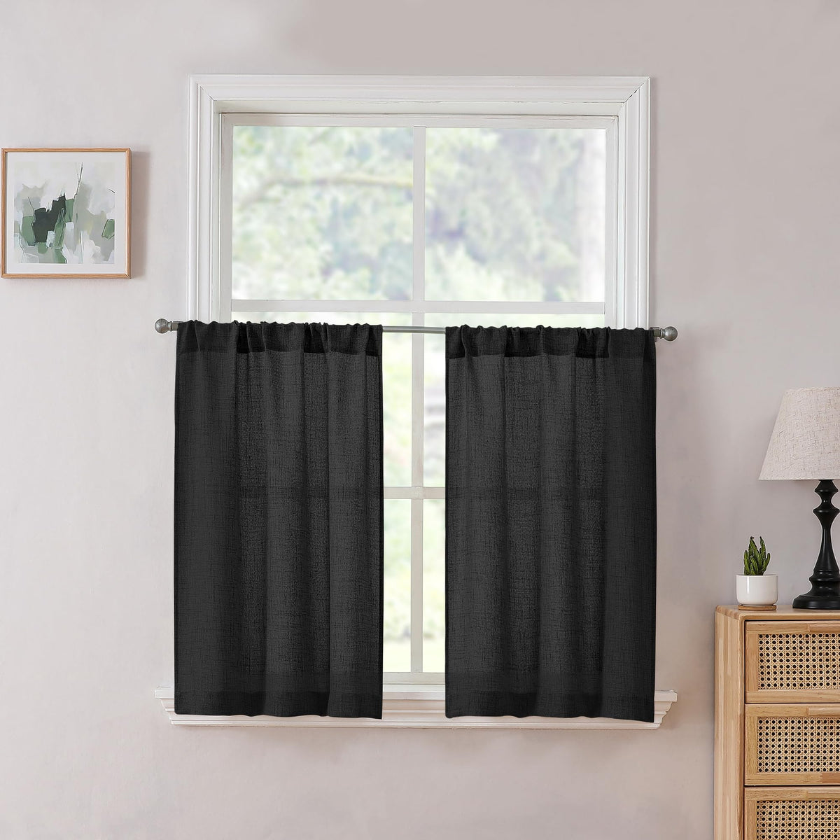 Tollpiz Linen Tier Curtains Rod Pocket Semi Sheer Short Kitchen Curtain Half Burlap Light Filtering Thick Linen Drape for Bathroom, 30 x 30 inches Long, Natural, Set of 2 Panels