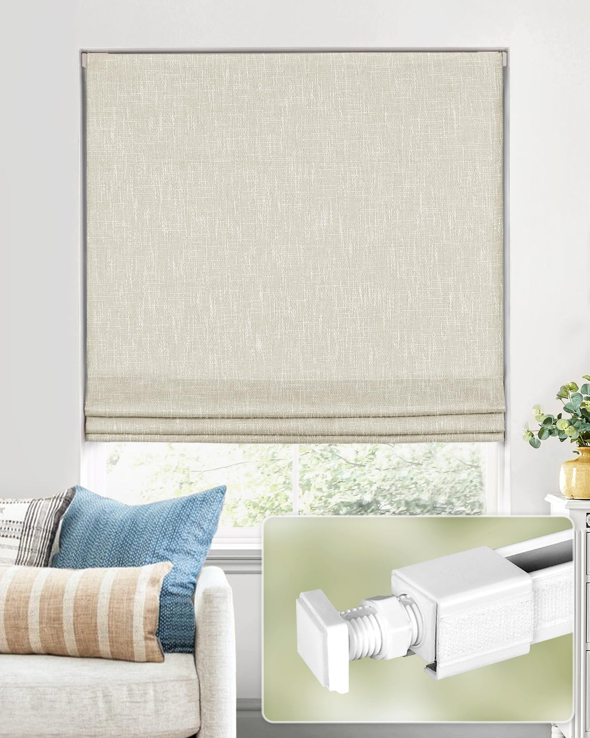 UNISHADES No Drill Cordless Roman Shades, Room Darkening, 35×64 in Beige