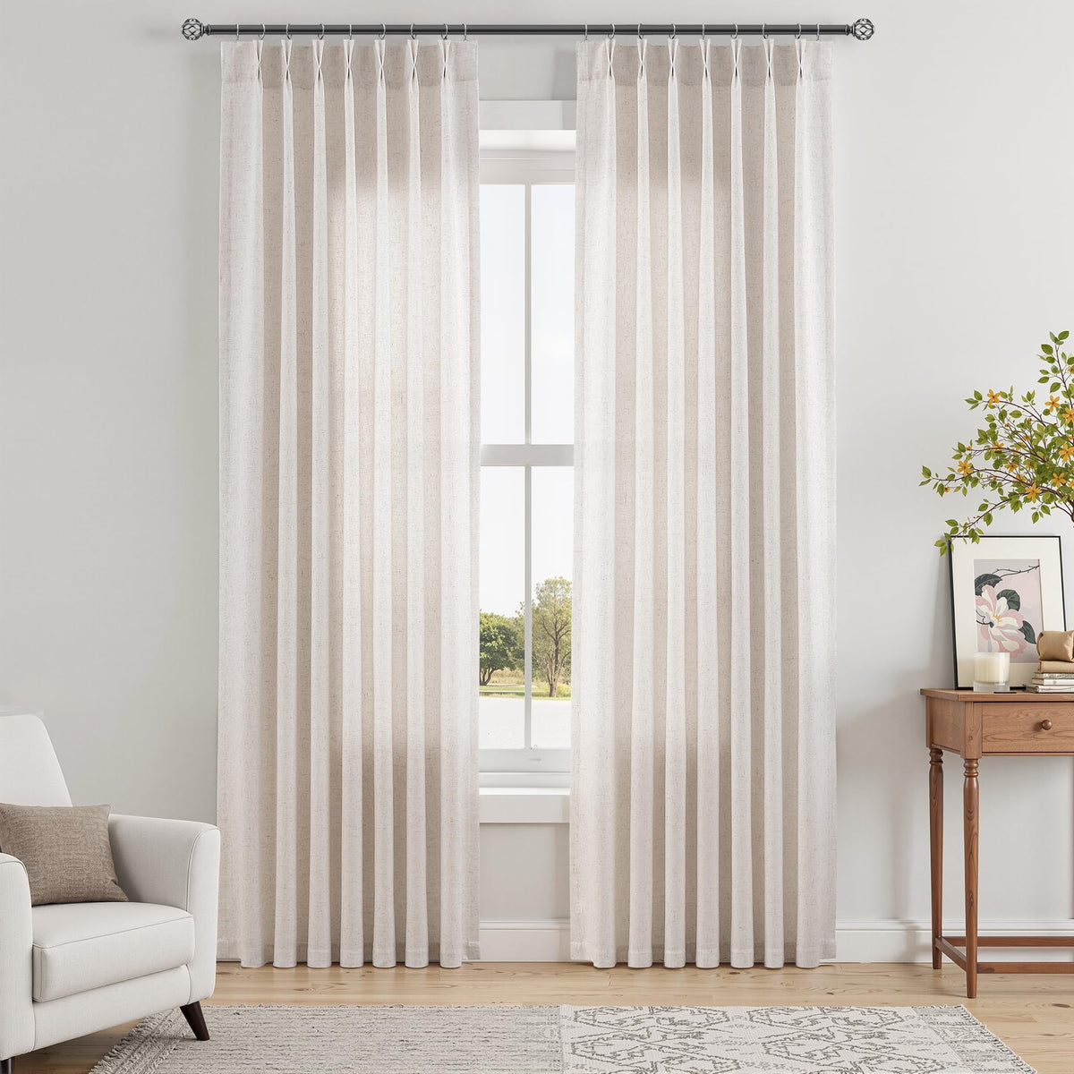 Aersas Linen Pinch Pleated Curtains 84 Inch Length 2 Panels Set for Living Room Cream Semi Sheer Window Curtain for Bedroom Boho Farmhouse Neutral Back Tab Drape Decor with Hooks, Natural Beige Ivory