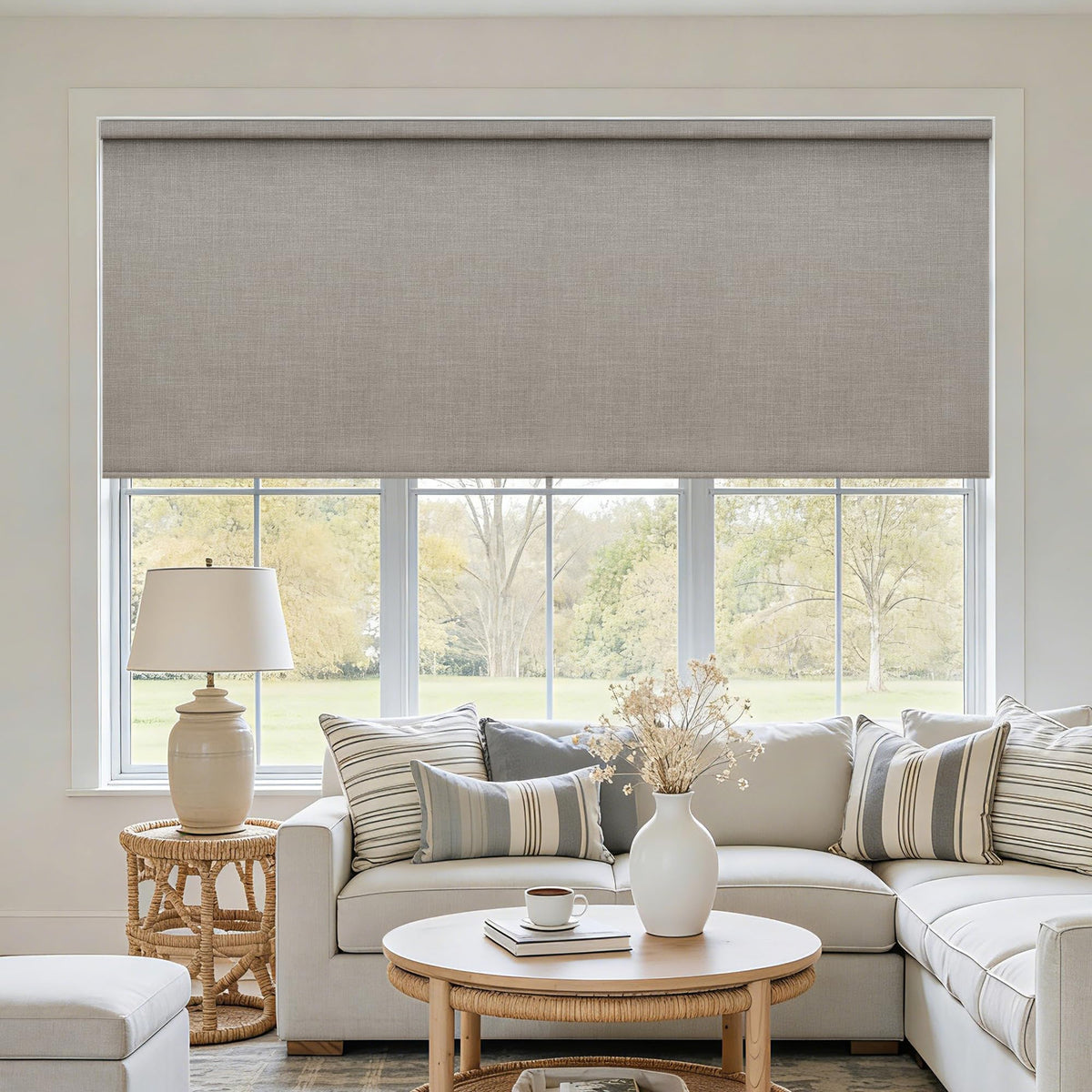 Extra Wide Beige Roller Shades 100% Blackout Blinds for Large Window Bedroom Living Room Dining Free-Stop Cordless Thermal Insulated Black Out Shades with Valance, Room Darkening Blinds Oatmeal,72x72