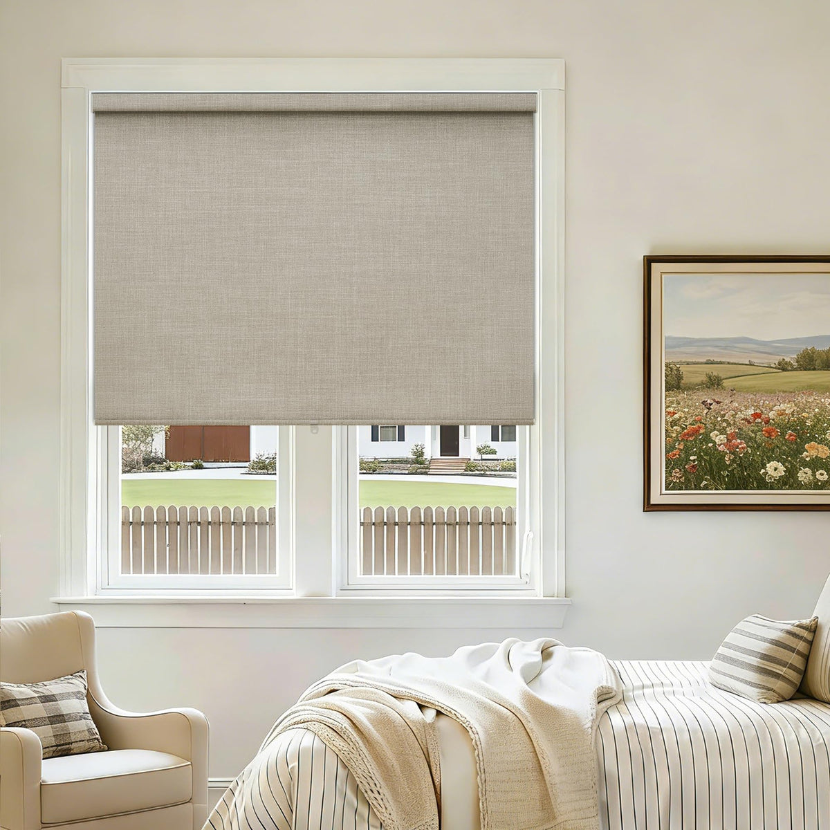 Extra Wide Beige Roller Shades 100% Blackout Blinds for Large Window Bedroom Living Room Dining Free-Stop Cordless Thermal Insulated Black Out Shades with Valance, Room Darkening Blinds Oatmeal,72x72