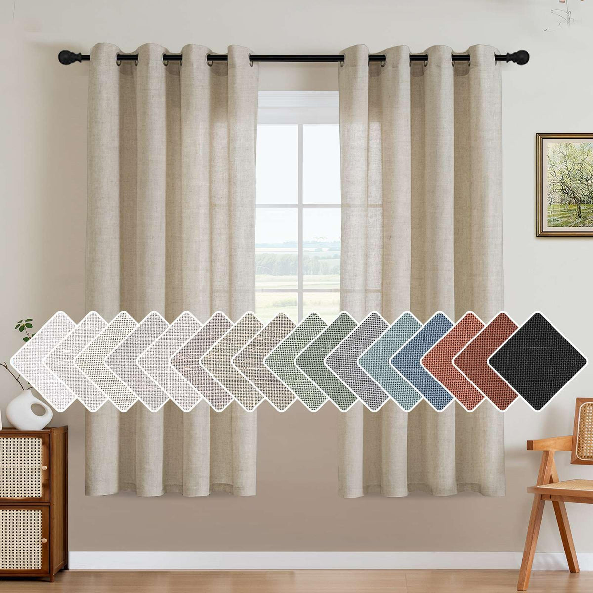 H.VERSAILTEX Natural Linen Grommet Curtains 84 Inch Length for Living Room 2 Panel Drape Semi Sheer Neutral Country Rustic Farmhouse Boho Curtain Bedroom Muslin Look Light Filtering, Heathered Natural