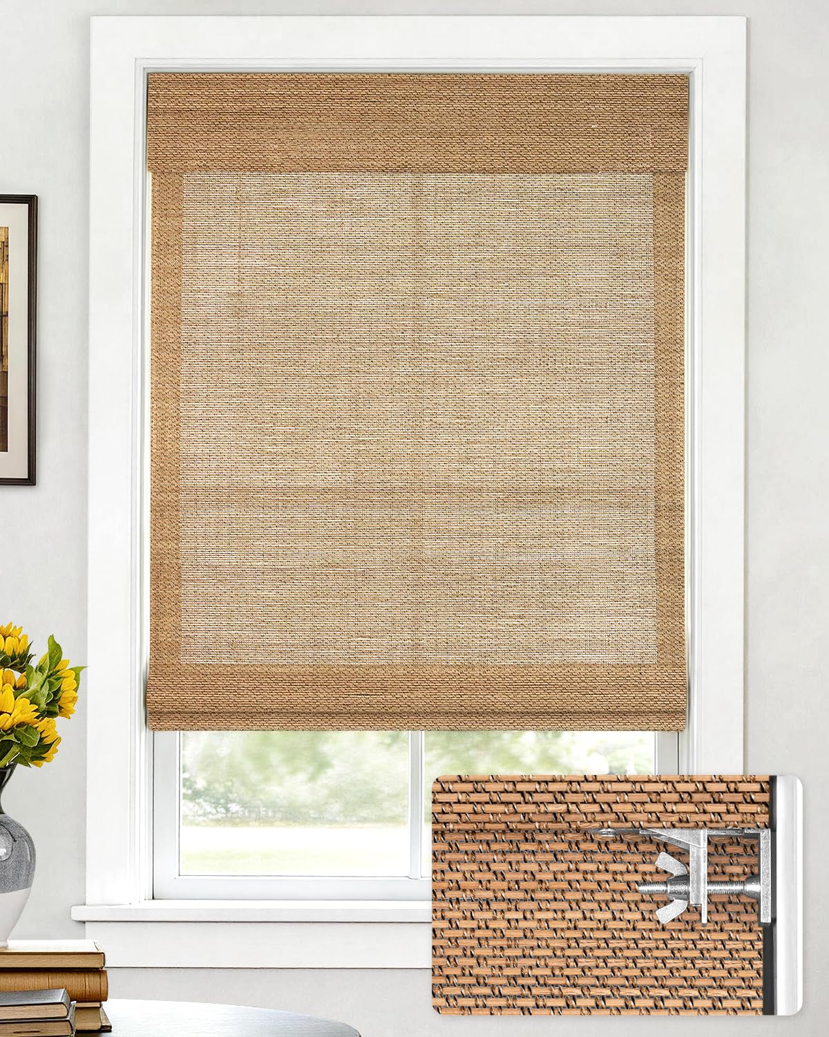 LazBlinds No Drill Bamboo Roman Shades, 22" W x 48" H, Star-Brown