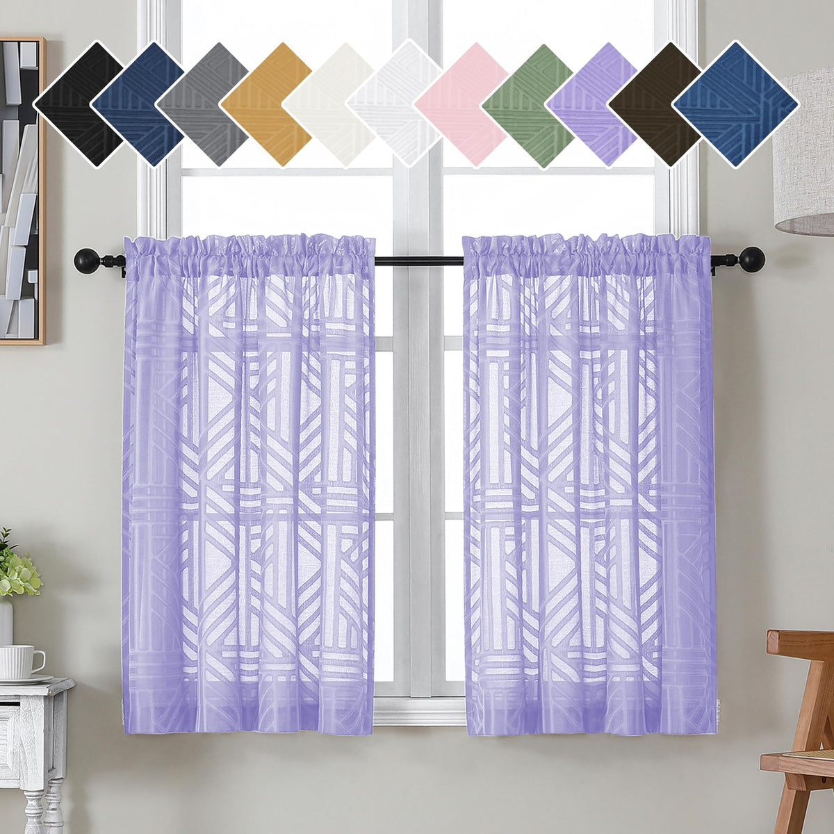 Simplebrand Dusty Blue Semi Sheer Curtains 45 Inch Length 2 Panels, Geometric Jacquard Clip Textured Short Sheer Curtains for Bedroom，Modern Elegant Window Curtains Drapes/Treatment Sheer，42x45 inch