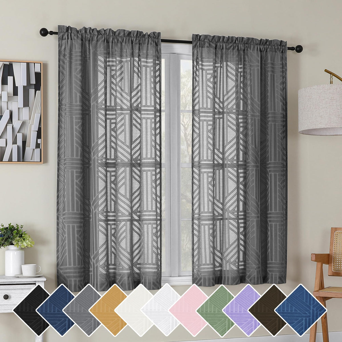 Simplebrand Dusty Blue Semi Sheer Curtains 45 Inch Length 2 Panels, Geometric Jacquard Clip Textured Short Sheer Curtains for Bedroom，Modern Elegant Window Curtains Drapes/Treatment Sheer，42x45 inch