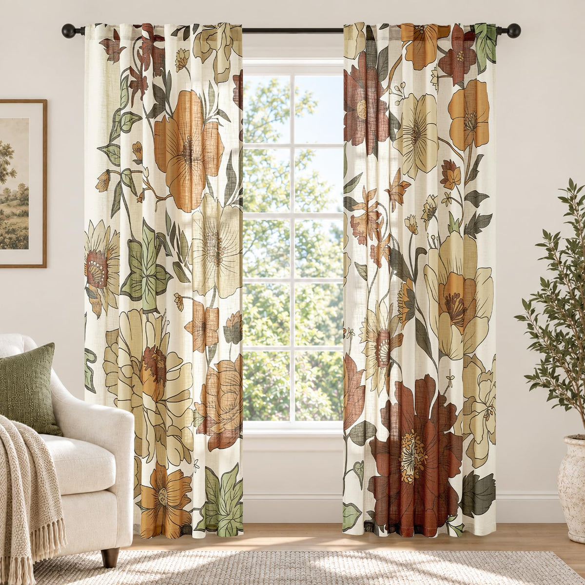 jinchan Beige Floral Linen Curtains 84 Inch Farmhouse Back Tab 2 Panels