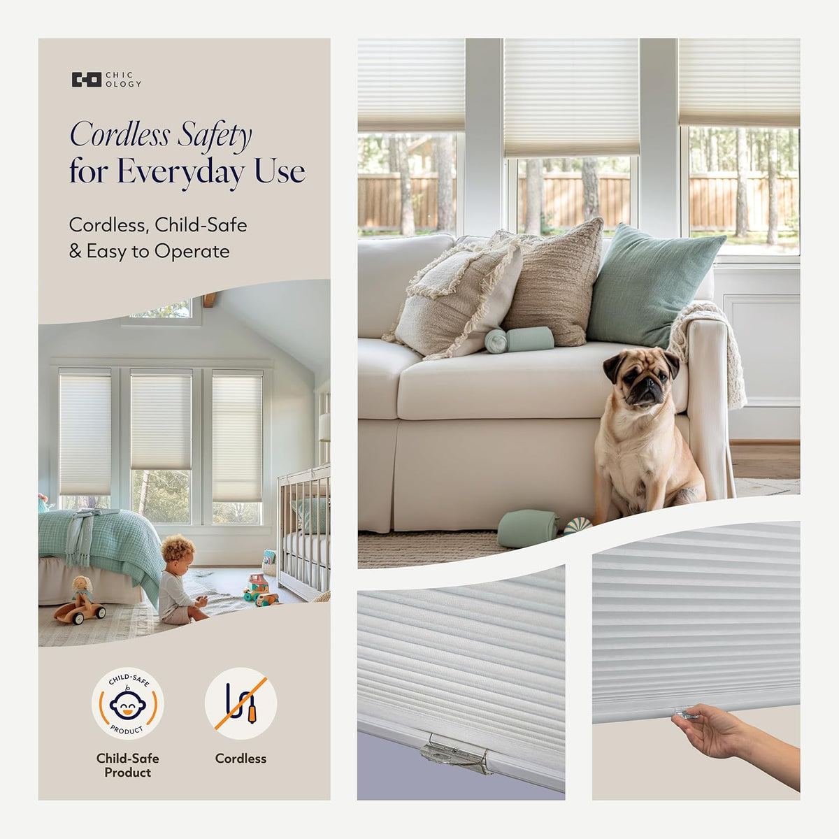 CHICOLOGY Cordless Cellular Shades, Room Darkening, Mist, 46x48