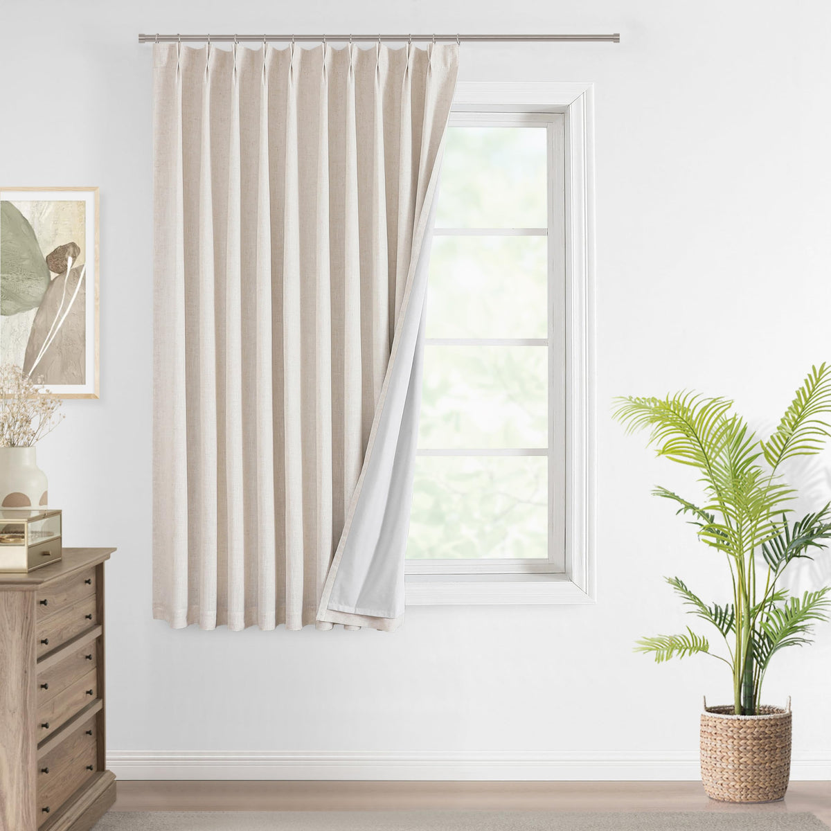 Vision Home Natural Pinch Pleated Full Blackout Curtains Linen Blended Room Darkening Window Curtains 108 inch for Living Room Bedroom Thermal Insulated Pinch Pleat Drapes with Hooks 40" Wx108 Lx2