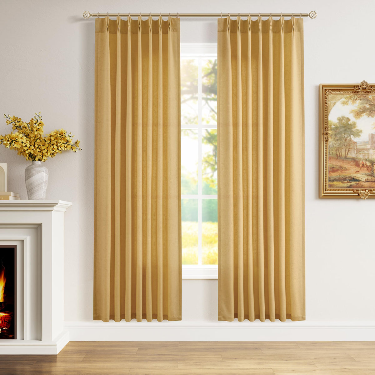 Aersas Linen Pinch Pleated Curtains 84 Inch Length 2 Panels Set for Living Room Cream Semi Sheer Window Curtain for Bedroom Boho Farmhouse Neutral Back Tab Drape Decor with Hooks, Natural Beige Ivory