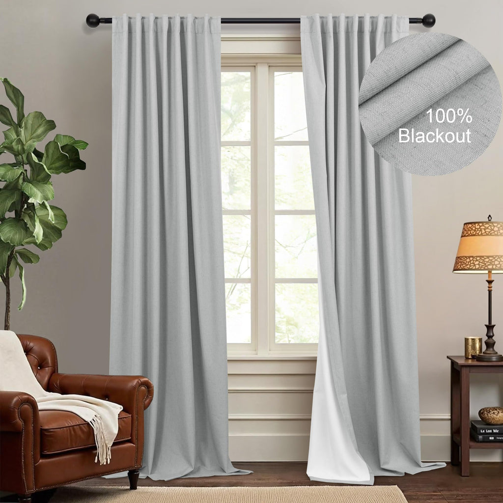 Natural Linen Back Tab Blackout Curtains & Drapes 96 Inch Long for Bedroom Livingroom Farmhouse Curtain 2 Panel Neutral Cute Black Out Room Darkening Thermal Insulated 8ft Pleated Window Curtain Cream