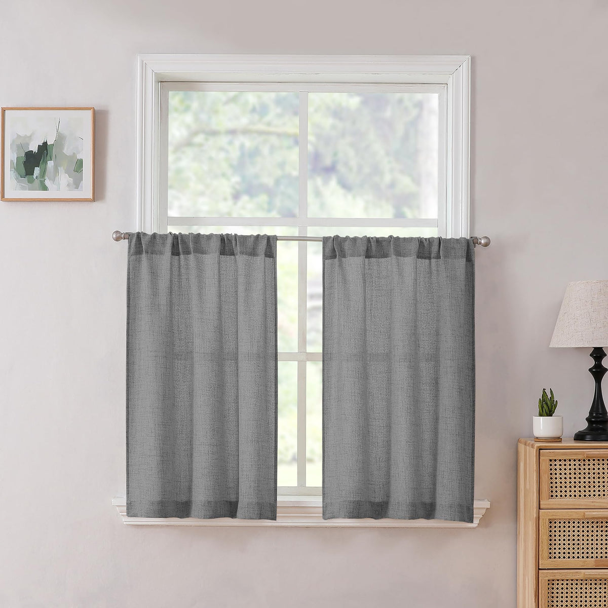 Tollpiz Linen Tier Curtains Rod Pocket Semi Sheer Short Kitchen Curtain Half Burlap Light Filtering Thick Linen Drape for Bathroom, 30 x 30 inches Long, Natural, Set of 2 Panels